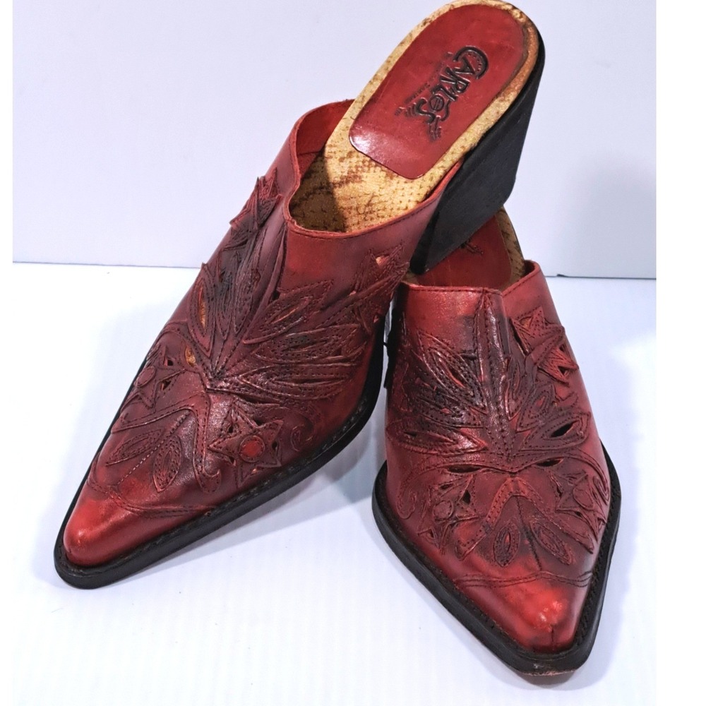 Carlos by Carlos Santana Red Leather Western Floral Cutout Mules Block Heel